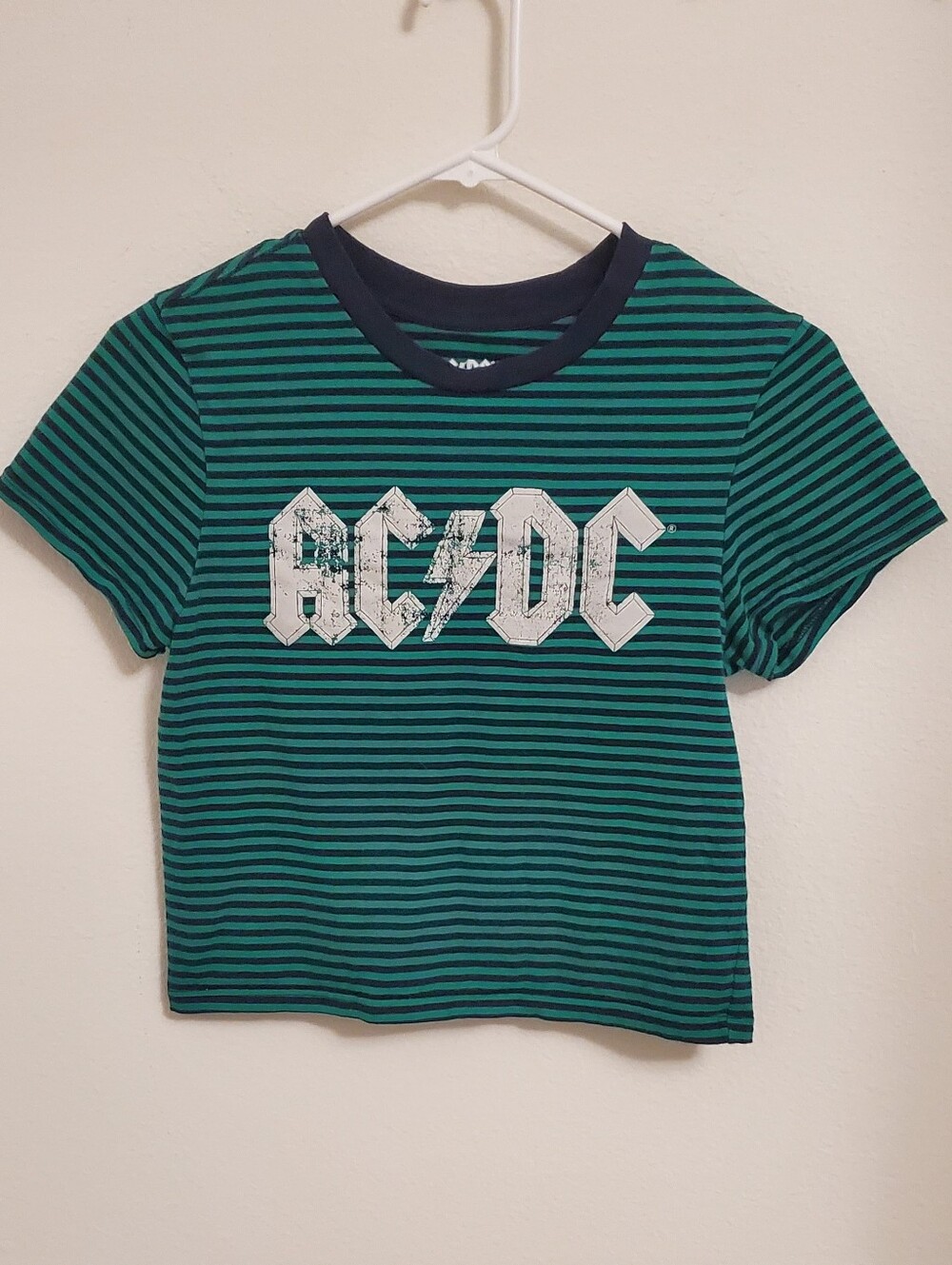 AC/DC Green & Navy Striped Short Sleeve Babydoll Cropped Tee Size Large